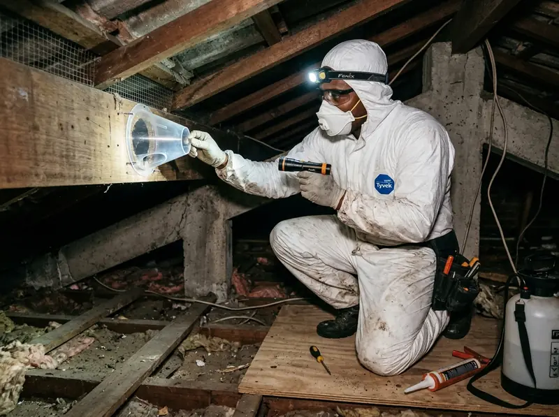 Técnico com macacão de proteção instalando uma válvula de saída única para morcegos no forro