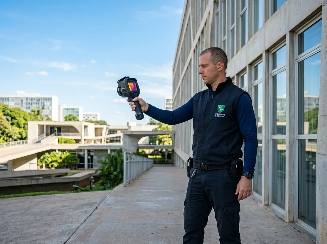 Técnico da Brasília Controle de Pragas usando câmera térmica em frente a um prédio modernista de Brasília